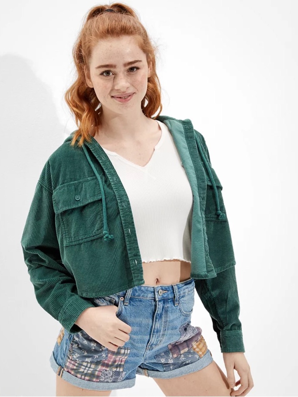 American Eagle Women’s Hooded Cropped Corduroy Button-Up Shirt Green L